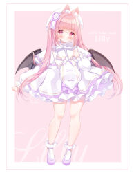 1girl animal_ears award_ribbon beret blush border capelet character_name closed_mouth demon_girl demon_wings dress frilled_dress frills full_body hand_on_own_chest hat long_hair long_sleeves looking_at_viewer omochi_monaka original pink_eyes pink_hair puffy_long_sleeves puffy_sleeves purple_shoes rabbit_ears rabbit_girl shoes short_dress socks solo standing twintails very_long_hair white_border white_capelet white_dress white_hat white_socks wings