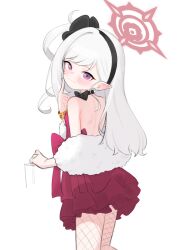 1girl absurdres back black_bow black_choker black_hairband blue_archive blush bow bracelet choker commentary dress feather_boa fishnet_pantyhose fishnets hair_ornament hairband halo highres jewelry long_hair looking_at_viewer mutsuki_(blue_archive) mutsuki_(dress)_(blue_archive) net official_alternate_costume pantyhose pointy_ears purple_eyes rabbitballoon red_dress red_halo simple_background smile solo white_background white_hair