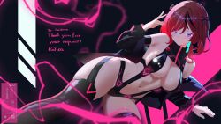 1girl absurdres aqua_hair artist_logo barcode bare_shoulders black_background black_bow black_hair black_jacket black_leotard black_thighhighs bow breasts character_request closed_mouth colored_inner_hair commission english_text hair_between_eyes hair_intakes hair_ornament highres jacket kotha_art large_breasts leotard logo long_sleeves looking_at_viewer medium_hair multicolored_hair navel open_clothes open_jacket pink_background pink_eyes pink_hair qr_code skeb_commission smile solo stomach streaked_hair thighhighs thighs twitter_username virtual_youtuber x_hair_ornament