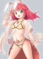 1girl :d animal_ears bikini blush bracelet breasts commentary_request cowboy_shot dancer_(ragnarok_online) emurin fake_animal_ears gem gold green_eyes grey_background jewelry long_hair looking_at_viewer midriff navel open_mouth pink_hair rabbit_ears ragnarok_online red_gemstone see-through_clothes shawl simple_background small_breasts smile solo swimsuit yellow_bikini