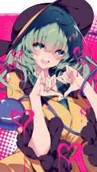 1girl black_hair blush breasts dress green_eyes green_hair heart heart_hands highres komeiji_koishi large_breasts looking_at_viewer medium_hair pink_background sakurame smile solo third_eye touhou upper_body yellow_dress