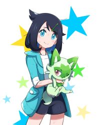 Rule 34 | 1girl, black hair, black shorts, blue eyes, closed mouth, commentary request, cowboy shot, cowlick, eyelashes, green jacket, hair ornament, hairclip, head tilt, highres, holding, holding pokemon, jacket, liko (pokemon), messy hair, necklace under clothes, nintendo, open clothes, open jacket, pokemon, pokemon (anime), pokemon (creature), pokemon horizons, scratches, shirt, shorts, smile, sprigatito, star (symbol), sweatdrop, swept bangs, three-quarter sleeves, white background, white shirt, yibuzhai
