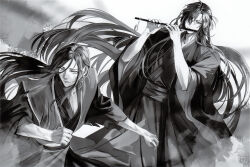 2boys chinese_clothes closed_mouth coat dizi fighting_stance floating_hair flute flute_tassel greyscale hair_down hair_over_one_eye hair_ribbon half_updo hanfu highres holding holding_flute holding_instrument instrument long_hair long_sleeves looking_at_viewer male_focus mg_ms_dayo modao_zushi monochrome multiple_boys music official_alternate_costume official_alternate_hairstyle official_art open_clothes open_coat playing_flute playing_instrument ribbon robe sash smile smoke standing tassel third-party_source torn_clothes transverse_flute veins veiny_arms veiny_face very_long_hair wei_wuxian wei_wuxian_(yiling_laozu) wen_ning wide_sleeves zombie