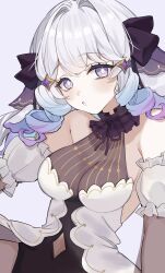 1girl bare_shoulders bow breasts cleavage detached_sleeves gradient_hair hair_bow highres indie_virtual_youtuber long_hair looking_at_viewer medium_breasts mugripley multicolored_hair parted_lips purple_eyes ringlets see-through_cleavage see-through_clothes shirt sleeveless sleeveless_shirt solo stellie_(vtuber) two-tone_hair upper_body virtual_youtuber white_hair white_shirt