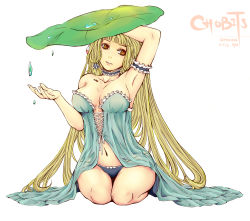00s 10s 1girl 2013 alternate_breast_size arm_garter arm_strap artist_name babydoll barcode blue_panties bow bow_panties brown_hair chii chobits choker copyright_name curvy female_focus full_body hair_tubes highres leaf leaf_umbrella long_hair nail_polish nightgown panties parted_lips sitting solo underwear very_long_hair wariza water_drop white_background yoshoon