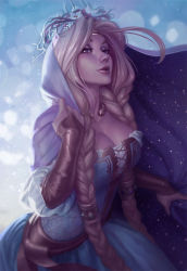 1girl braid breasts circlet cleavage cloak commentary english_commentary female_focus guinevere hair_tubes highres hood jessica_oyhenart large_breasts lips long_hair looking_at_viewer mythology nose revision snow solo torc twin_braids very_long_hair