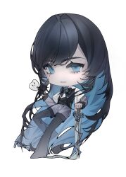 1girl ado_(utaite) black_hair black_pants blue_eyes blue_hair chando_(ado) chibi chibi_only chinese_commentary colored_inner_hair commentary_request full_body grey_shorts ha-chan_(ado) highres htt_hatuotuo long_hair looking_at_viewer mole mole_under_eye multicolored_hair open_mouth pants pants_under_shorts revision shorts simple_background solo utaite very_long_hair white_background