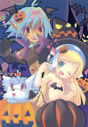2girls absurdres blonde_hair gloves green_eyes green_hair hair_ornament halloween hat highres loli multiple_girls pop red_eyes ribbon tail