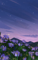 artist_name cloud commentary dusk english_commentary field flower flower_field grass mountainous_horizon night night_sky no_humans original outdoors purple_flower purple_sky scenery signature sky star_(sky) zandra