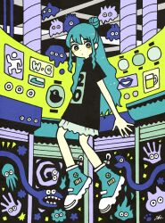 1girl aqua_eyes aqua_hair aqua_shoes black_shirt bright_pupils cup dripping flat_color garouma hair_bun handprint highres limited_palette long_hair original print_shirt shirt shoes short_sleeves snake solo spiral white_pupils