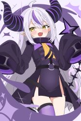 1girl :d absurdres ahoge ai-assisted anime_coloring artistic_error belt black_belt black_collar black_dress black_horns black_tail blush braid braided_bangs coat_dress collar cowboy_shot curled_horns demon_girl demon_horns demon_tail dress fangs frown highres hololive horns la+_darknesss la+_darknesss_(1st_costume) long_hair metal_collar microdress multicolored_hair necktie no_panties o-ring o-ring_belt open_mouth pelvic_curtain pointy_ears purple_background purple_hair purple_horns purple_tail purple_thighhighs side_slit sidelocks single_thighhigh sleeves_past_fingers sleeves_past_wrists slit_pupils smile solo straight_hair streaked_hair striped_horns tail teeth thighhighs third-party_source tomattomati1211 two-tone_hair upper_teeth_only very_long_hair very_long_sleeves virtual_youtuber white_hair wide_sleeves yellow_eyes yellow_necktie