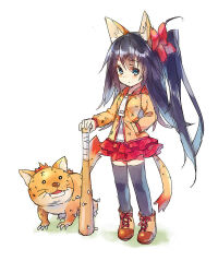 1girl animal_ears balulu_alma baseball_bat black_hair black_thighhighs blue_eyes boots breasts emil_chronicle_online nail_(hardware) nail_bat side_ponytail small_breasts standing tail thighhighs wanko_(takohati8) white_background