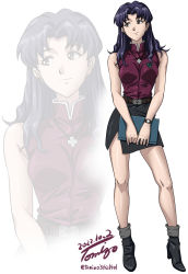 Rule 34 | 1girl, belt, belt buckle, black eyes, black footwear, black skirt, boots, breasts, brown belt, buckle, cross, cross necklace, earrings, high heel boots, high heels, highres, jewelry, katsuragi misato, long hair, medium breasts, miniskirt, necklace, neon genesis evangelion, parted bangs, purple hair, red shirt, resolution mismatch, shirt, skirt, sleeveless, sleeveless shirt, source smaller, tomizofu, zoom layer