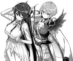 2girls azur_lane azur_lane:_slow_ahead bare_shoulders bellona_(azur_lane) black_gloves blush breasts brush brushing_hair cleavage gloves greyscale hair_between_eyes holding holding_own_hair hori_(hori_no_su) horns indomitable_(azur_lane) large_breasts long_hair monochrome multiple_girls one_eye_closed short_hair