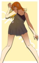 Rule 34 | 1girl, bare shoulders, black skirt, bleach, brown eyes, female focus, highres, inoue orihime, long hair, looking at viewer, lying, n (nauki 11), on stomach, orange hair, shiny skin, skirt, thighs