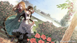 2girls alice_douglas black_hair blonde_hair building bush clothes_lift copyright_name cover dokuta_pepako flower garden grass hand_in_own_hair highres holding_hands kujo_hanako lake long_skirt maid multiple_girls rose sayonara_rose_garden skirt skirt_lift sky smile sunlight third-party_source tree