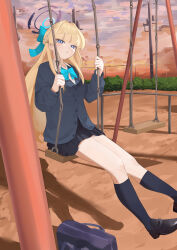1girl :o absurdres black_shoes black_skirt black_socks blonde_hair blue_archive blue_bow blue_cardigan blue_eyes blunt_bangs blush bow cardigan hair_bow highres kneehighs kumakono long_hair looking_at_viewer official_alternate_costume official_alternate_hairstyle on_swing open_mouth shirt shoes sidelocks skirt socks swing toki_(blue_archive) toki_(school_uniform)_(blue_archive) white_shirt