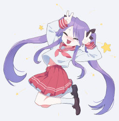 1girl acaa blush closed_eyes double_v full_body highres hiiragi_kagami jumping long_hair lucky_star open_mouth purple_hair ryouou_school_uniform school_uniform serafuku shoes simple_background skirt socks solo star_(symbol) twintails v very_long_hair white_background