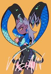 1girl absurdres black_thighhighs breasts claw_(weapon) cropped_jacket demon_girl evelynn_(league_of_legends) frozensoba highres jacket k/da_(league_of_legends) k/da_all_out_evelynn league_of_legends long_hair looking_at_viewer medium_breasts open_clothes open_jacket smile thighhighs weapon yellow_background