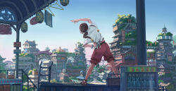 1girl absurdres architecture_request arm_above_head arm_up blue_sky bracelet brown_hair building city clothes_hanger clothing_cutout commentary day from_behind hand_on_own_hip hanging_lantern highres jewelry ladder lantern leaning_to_the_side legs_apart medium_hair morning original outdoors outstretched_legs overgrown plant ponytail radio red_shorts ryon40716441 sandals scenery shirt shorts shoulder_cutout signature sky solo standing stretching town tree vending_machine white_shirt wide_shot