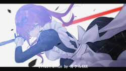 1girl alternate_costume apron artist_name black_dress breasts closed_mouth dress enmaided glasses holding holding_sword holding_weapon honkai:_star_rail honkai_(series) kafka_(honkai:_star_rail) katana large_breasts letterboxed long_hair long_sleeves looking_at_viewer maid missing_commentary pince-nez purple_eyes purple_hair round_eyewear smile solo spider_web_print srpzk sunglasses sword weapon