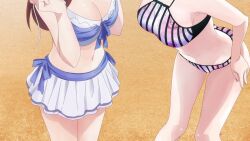 2girls absurdres animated bikini bikini_pull bikini_skirt blue_eyes blush breasts brown_hair butterfly_hair_ornament cleavage clothes_pull collarbone dot_nose female_focus floral_print frilled_bikini frills go-toubun_no_hanayome hair_between_eyes hair_ornament hair_over_one_eye highres large_breasts long_hair looking_at_viewer midriff miniskirt multiple_girls nakano_miku nakano_nino navel off-shoulder_bikini off_shoulder open_clothes purple_bikini red_hair short_hair siblings sisters skirt sound stomach striped_bikini striped_clothes swimsuit swimsuit_skirt tagme twintails untied_bikini video white_bikini white_skirt