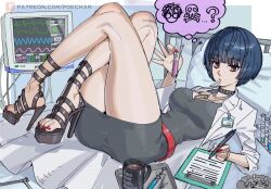 1girl ? ashtray ass bed belt black_dress blue_hair blunt_bangs bob_cut breasts brown_eyes cable cardiogram cigarette cigarette_butt clipboard coffee_mug crossed_legs cup dress fingernails hacksaw high_heels highres holding holding_pen holding_test_tube hospital_bed jewelry lab_coat long_fingernails looking_at_viewer lying medium_breasts mug nail_polish name_tag narrow_waist necklace pen pendant persona persona_5 pillow poechan_chan red_belt red_nails sandals saw scalpel short_dress skull_and_crossbones smoking solo speech_bubble spoken_question_mark stiletto_heels studded_choker syringe takemi_tae test_tube test_tube_rack thought_bubble toenail_polish toenails tray wide_hips
