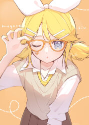 1girl adjusting_eyewear black_skirt blonde_hair blue_eyes blush bow brown_sweater_vest collared_shirt glasses hair_bow hair_ornament hairclip hand_on_eyewear hand_up hazuki_natsu kagamine_rin leaning_forward looking_at_viewer loose_necktie medium_hair necktie one_eye_closed penguin_logistics_logo pleated_skirt shirt simple_background skirt solo sweater_vest twintails vocaloid white_bow white_shirt yellow_background yellow_necktie