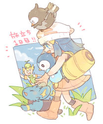 1boy 1girl :d bag barry_(pokemon) beanie black_socks blue_eyes blue_hair boots cloud dawn_(pokemon) duffel_bag gen_4_pokemon grass hat holding holding_pokemon katiko kneehighs long_hair miniskirt nintendo on_head open_mouth pink_boots pink_skirt piplup pokemon pokemon_(creature) pokemon_dppt pokemon_on_head red_scarf scarf shinx skirt smile socks starly turtwig walking white_headwear yellow_bag