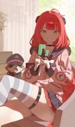 1girl absurdres black_sailor_collar black_skirt cardigan choker cro_(user_znms5733) crossed_legs double_popsicle food green_eyes grin highres holding holding_food holding_popsicle layered_skirt long_hair long_sleeves looking_at_viewer pink_cardigan pleated_skirt popsicle raccoon red_hair sailor_collar single_thighhigh sitting skirt smile solo striped_clothes striped_thighhighs thigh_strap thighhighs ukinami_yuzuha unequal_popsicle_division zenless_zone_zero