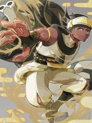 1boy absurdres aqua_eyes armlet beanie black_gloves black_hat black_socks closed_mouth commentary earrings fang ffccll fingerless_gloves gen_8_pokemon gloves grey_background hat highres jewelry looking_to_the_side male_focus nintendo official_alternate_costume outstretched_arm pants pokemon pokemon_(creature) pokemon_masters_ex raihan_(new_year&#039;s_2025)_(pokemon) raihan_(pokemon) sand sandaconda sandals short_hair skin_fang smile socks