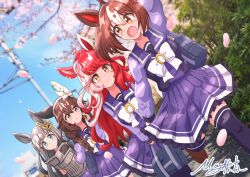 Rule 34 | 4girls, animal ears, blue eyes, blush, braid, breasts, brown eyes, brown hair, chrono genesis (umamusume), closed mouth, collarbone, commentary request, curren bouquetd&#039;or (umamusume), gran alegria (umamusume), grey hair, hair between eyes, hair ornament, hairband, highres, horse ears, horse girl, long hair, loves only you (umamusume), low twin braids, matty (matsutomo), medium breasts, medium hair, multiple girls, newspaper, open mouth, petals, photo background, reading, red hair, ribbon, school uniform, signature, sky, smile, thighhighs, tracen school uniform, twin braids, umamusume, x hair ornament