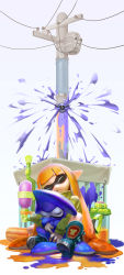 1girl blue_footwear boots box container hiding highres holding hug hug_from_behind ink_tank_(splatoon) inkling inkling_girl inkling_player_character long_hair long_sleeves match_(idleslumber) nintendo orange_hair paint_roller paint_splatter pointy_ears power_lines shirt sitting sitting_on_lap sitting_on_person sleeping splat_roller_(splatoon) splatoon_(series) splatoon_1 sprinkler squid tentacle_hair utility_pole