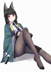 1girl adjusting_clothes adjusting_legwear akira_miku_ver animal_ear_fluff animal_ears artist_name asymmetrical_gloves black_gloves black_hair black_necktie black_skirt blunt_bangs blush breasts bright_pupils brown_pantyhose closed_mouth collared_shirt commentary fingerless_gloves foot_out_of_frame fox_ears fox_girl gloves green_jacket grey_background hands_up highres hoshimi_miyabi jacket knee_up long_hair long_sleeves looking_at_viewer medium_breasts miniskirt mismatched_gloves necktie no_shoes open_clothes open_jacket pantyhose red_eyes shadow shirt signature simple_background sitting skirt solo white_pupils white_shirt wide_sleeves zenless_zone_zero