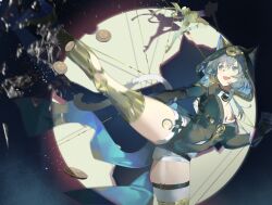 1girl absurdres animal_ear_fluff animal_ears animal_hood belt black_leotard blue_eyes boots breasts buri_(retty9349) cat_ears cat_girl cat_hood cat_tail cipher_(honkai:_star_rail) coin commentary gold_boots gold_coin grey_hair highres honkai:_star_rail honkai_(series) hood large_breasts leotard open_mouth short_hair_with_long_locks solo tail thigh_belt thigh_boots thigh_strap thighs