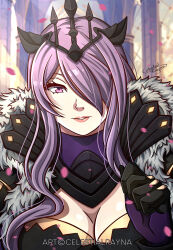 1girl armor artist_name black_armor black_gloves black_tiara breasts camilla_(fire_emblem) camilla_(light_of_nohr)_(fire_emblem) celestialrayna cleavage commentary english_commentary fire_emblem fire_emblem_fates fire_emblem_heroes gloves hair_over_one_eye hand_in_own_hair highres indoors large_breasts light_smile long_hair nintendo official_alternate_costume one_eye_covered purple_eyes purple_hair solo tiara