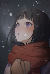 1girl black_hair brown_mittens c-eye highres hyuuga_hinata jacket mittens naruto_(series) night open_mouth outdoors purple_eyes purple_jacket red_scarf scarf snow snowing solo