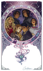 3boys 3girls a_court_of_thorns_and_roses_(series) amren_(acotar) artist_logo artist_name azriel_(acotar) black_hair blonde_hair blue_eyes border brown_eyes brown_hair cassian_(acotar) charlie_bowater commentary earrings english_commentary feyre_archeron hair_ornament hand_tattoo highres jewelry logo long_hair looking_at_viewer morrigan_(acotar) multiple_boys multiple_girls ornate_border pointy_ears purple_eyes rhysand_(acotar) short_hair signature smile tattoo