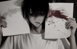 1boy black_eyes black_hair cigarette exhausted fake_blood highres holding holding_cigarette holding_paper male_focus meme original paper paper_gun_suicide_(meme) shirt short_hair short_sleeves solo spot_color unlit_cigarette_in_mouth weli16y white_shirt