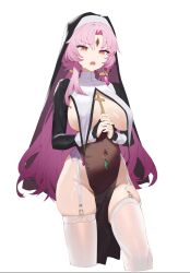 1girl breast_curtains breasts bridal_gauntlets coif cropped_legs cross forehead_jewel fu_xuan_(honkai:_star_rail) garter_straps holding holding_cross honkai:_star_rail honkai_(series) large_breasts lcy_bingzi long_hair nun open_mouth orange_eyes own_hands_clasped own_hands_together parted_bangs pelvic_curtain pink_hair simple_background skindentation solo thighhighs white_background white_garter_straps white_thighhighs