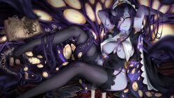 Rule 34 | 1girl, ariagnyx lovecraft, arms up, black hair, black sclera, black thighhighs, blush, book, breast curtains, breasts, colored sclera, colored skin, commentary, covered navel, cthulhu, cthulhu mythos, eldritch abomination, english commentary, extra eyes, extra mouth, full body, highres, horns, indie virtual youtuber, large breasts, looking at viewer, mole, mole on breast, nun, open book, pointy ears, purple horns, purple skin, slimymana, solo, tentacle hair, thighhighs, trypophobia, virtual youtuber, yellow eyes