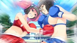 2girls blue_eyes boxing boxing_gloves breasts catfight large_breasts midriff multiple_girls navel pink_hair shorts smile tagme