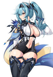 1girl absurdres alternate_hairstyle black_hairband blue_cape blue_gloves blue_hair boots breasts cape center_opening chest_harness cowboy_shot elze_(s01047480836) eula_(genshin_impact) genshin_impact gloves hair_between_eyes hair_ornament hair_ribbon hairband hand_up harness high-waist_shorts high_ponytail highres large_breasts linea_alba long_hair long_sleeves looking_to_the_side nape navel orange_eyes parted_lips playing_with_own_hair ponytail ribbon shorts side_cape sidelocks solo stomach thigh_boots vision_(genshin_impact) white_background white_sleeves
