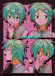1girl alternate_hair_length alternate_hairstyle aqua_eyes aqua_hair aqua_nails aqua_necktie bare_shoulders blood blood_on_clothes blood_on_face blood_on_hands blush blush_stickers border closed_mouth collared_shirt commentary_request detached_sleeves drop_shadow from_side grey_shirt hair_ornament hairclip hatsune_miku highres menma_(enaic31) multiple_views musical_note nail_polish necktie open_mouth outline pink_outline shirt short_hair single_blush_sticker smile spoken_musical_note star_(symbol) star_hair_ornament tongue tongue_out v vocaloid
