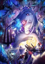 1girl black_tiara blue_butterfly breasts bright_pupils bug butterfly castorice_(honkai:_star_rail) commentary highres holding honkai:_star_rail honkai_(series) insect large_breasts looking_down mutation nail_polish nude parted_lips pointy_ears purple_eyes purple_hair purple_nails skeleton solo taiju_(gr09kuma) tiara white_pupils