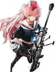 Rule 34 | 1girl, anti-materiel rifle, bad link, black dress, black gloves, black socks, dress, girls&#039; frontline, gloves, gun, holding, holding gun, holding weapon, ntw-20, ntw-20 (girls&#039; frontline), pink eyes, pink hair, ran (bukeranwu), rifle, sniper rifle, socks, solo, standing, weapon, white background