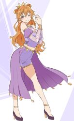 1girl ;) blush breasts brown_hair butterfly_(love_live!) cleavage commentary crown detached_sleeves earrings full_body hair_between_eyes high_heels jewelry konoe_kanata large_breasts long_hair looking_at_viewer love_live! love_live!_nijigasaki_high_school_idol_club midriff monowe official_alternate_costume one_eye_closed own_hands_together purple_background purple_eyes see-through_clothes shorts smile solo sphere_earrings symbol-only_commentary two-tone_background wavy_hair white_background