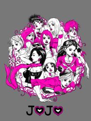 Rule 34 | 1boy, 6+girls, battle tendency, crossdressing, diamond is not crash, double bun, hat, higashikata daiya, hirose yasuho, hood, jojo no kimyou na bouken, jojolion, joseph joestar, joseph joestar (tequila), joseph joestar (young), kuujou jolyne, lips, lipstick, lisa lisa, lucy steel, makeup, mariah (jojo), multiple girls, odd one out, official style, pink theme, scarf, seris-valentine, shizuka joestar, shueisha, spot color, stardust crusaders, steel ball run, stone ocean, suzi q, trap, trish una, vento aureo, yamagishi yukako