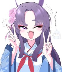 2girls blue_archive chibi double_v flower hair_flower hair_ornament halo long_hair multiple_girls nagusa_(blue_archive) one_eye_closed purple_eyes purple_hair serafuku simple_background upper_body v white_background white_serafuku yukari_(blue_archive)
