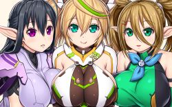 3girls aqua_eyes asamura_hiori black_hair blonde_hair breasts fang gene_(pso2) highres katori_(pso2) large_breasts long_hair looking_at_viewer multiple_girls parted_lips patty_(pso2) phantasy_star phantasy_star_online_2 pink_eyes smile